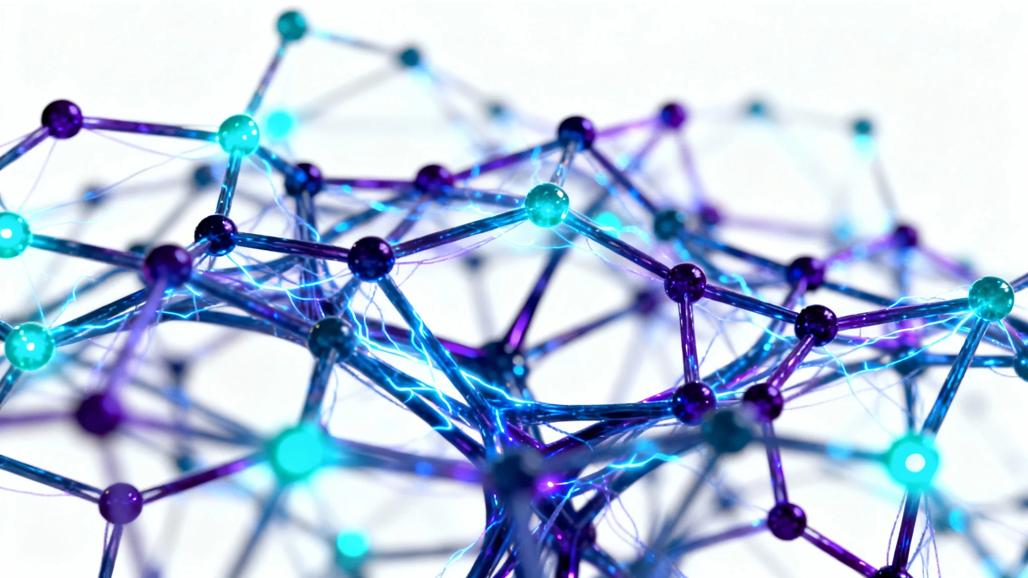 A sophisticated 3D rendering of a neural network with glowing blue and purple nodes and light-path connections, set against a clean white background, symbolizing artificial intelligence.