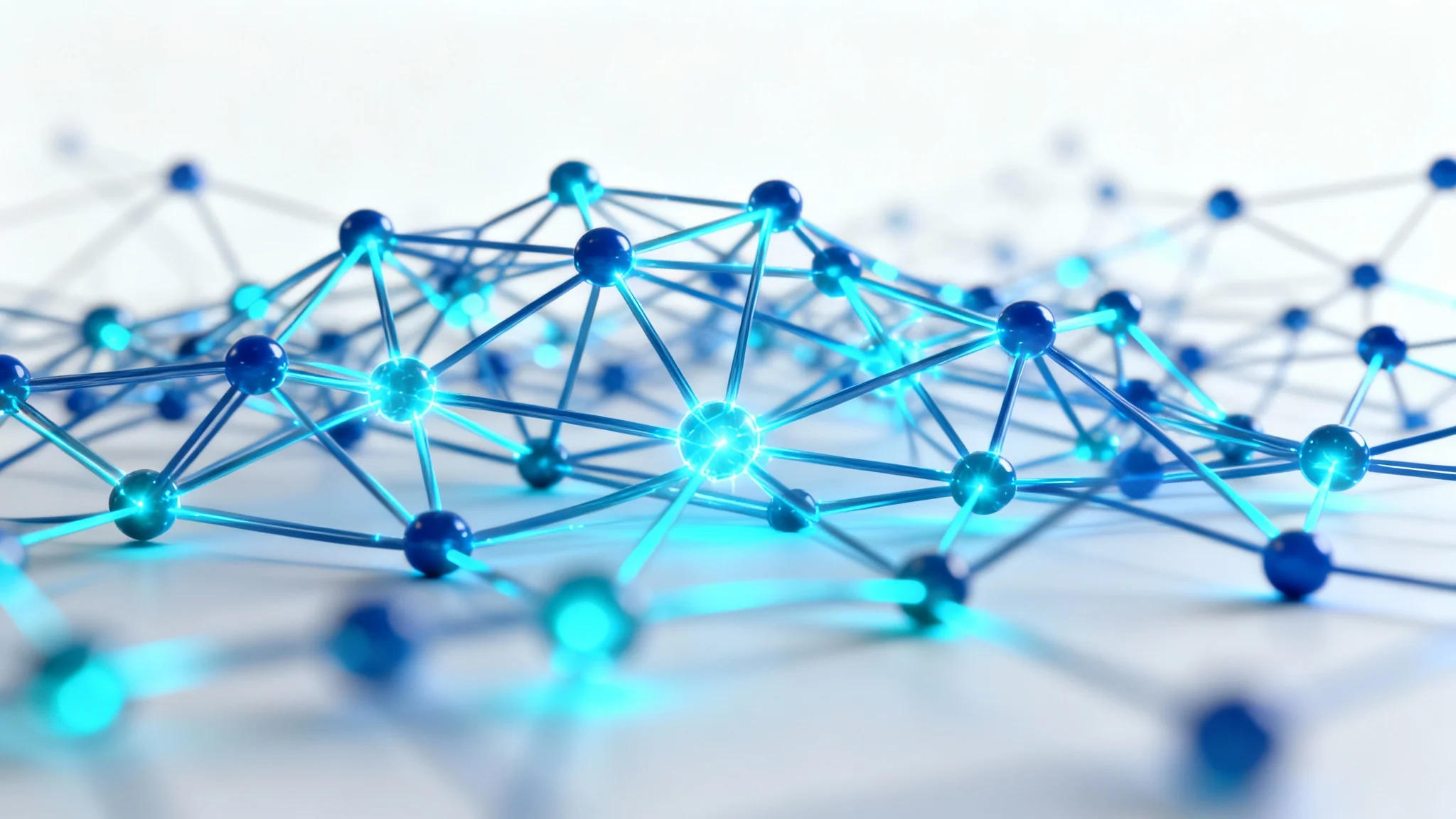 A 3D visualization of an artificial neural network with glowing blue and cyan nodes and connecting lines on a clean white background, representing advanced AI technology.