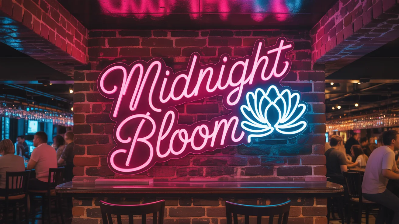 An eye-catching, professionally made neon sign that reads 'Midnight Bloom' in pink cursive, mounted on a dark brick wall.