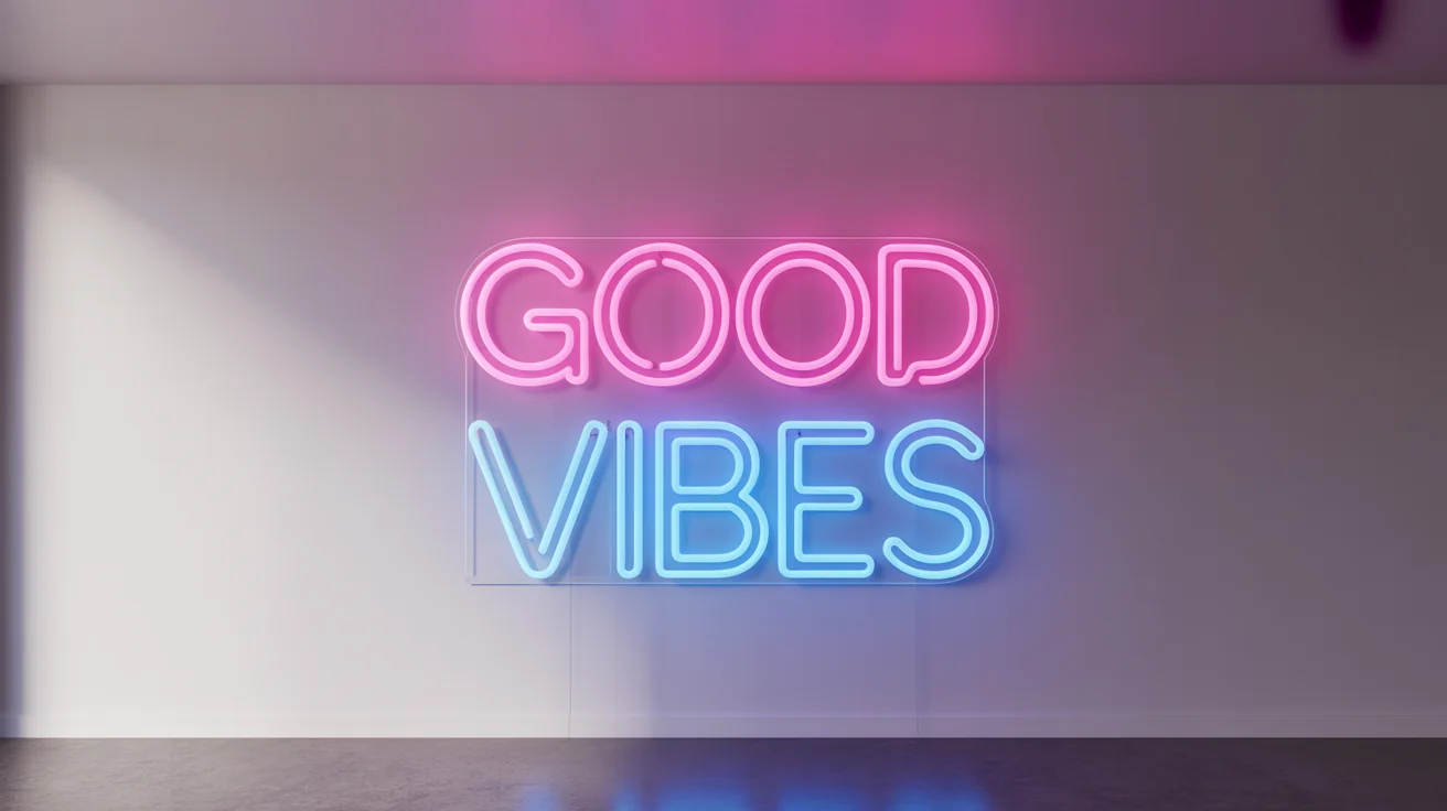A neon sign with the words 'GOOD VIBES' in glowing pink and blue letters, mounted on a clean white wall.