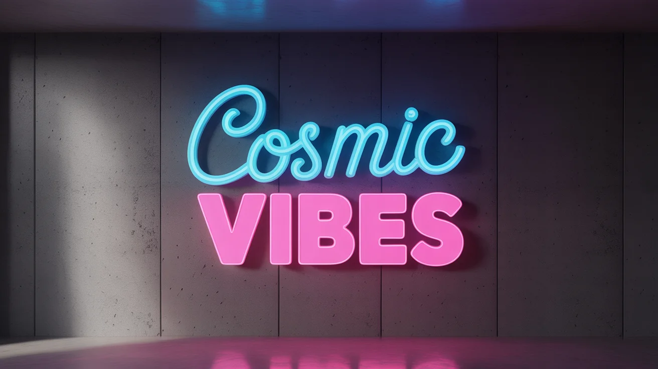 A photorealistic mockup of a neon sign on a dark wall that reads 'Cosmic Vibes'. The word 'Cosmic' is in glowing blue script, and 'Vibes' is in glowing pink block letters.