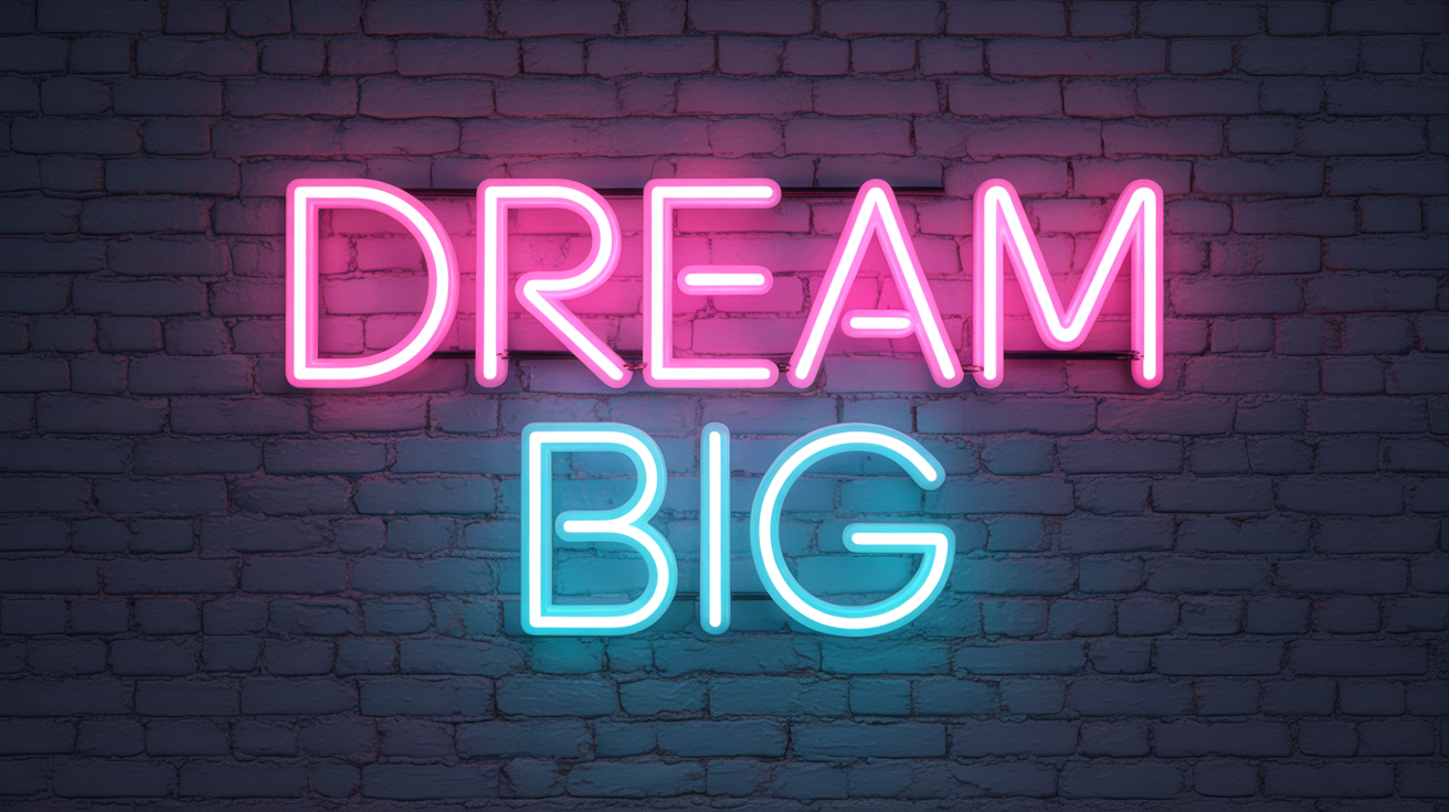 A vibrant neon sign that reads 'DREAM BIG' in glowing pink and blue letters, mounted on a dark brick wall, isolated against a plain white background.
