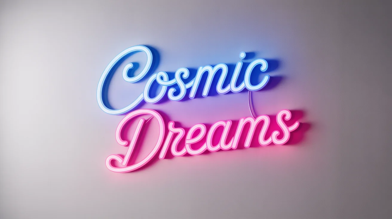 A custom neon sign with the words 'Cosmic Dreams' lit up in bright blue and pink, displayed against a clean white background for a modern product mockup.