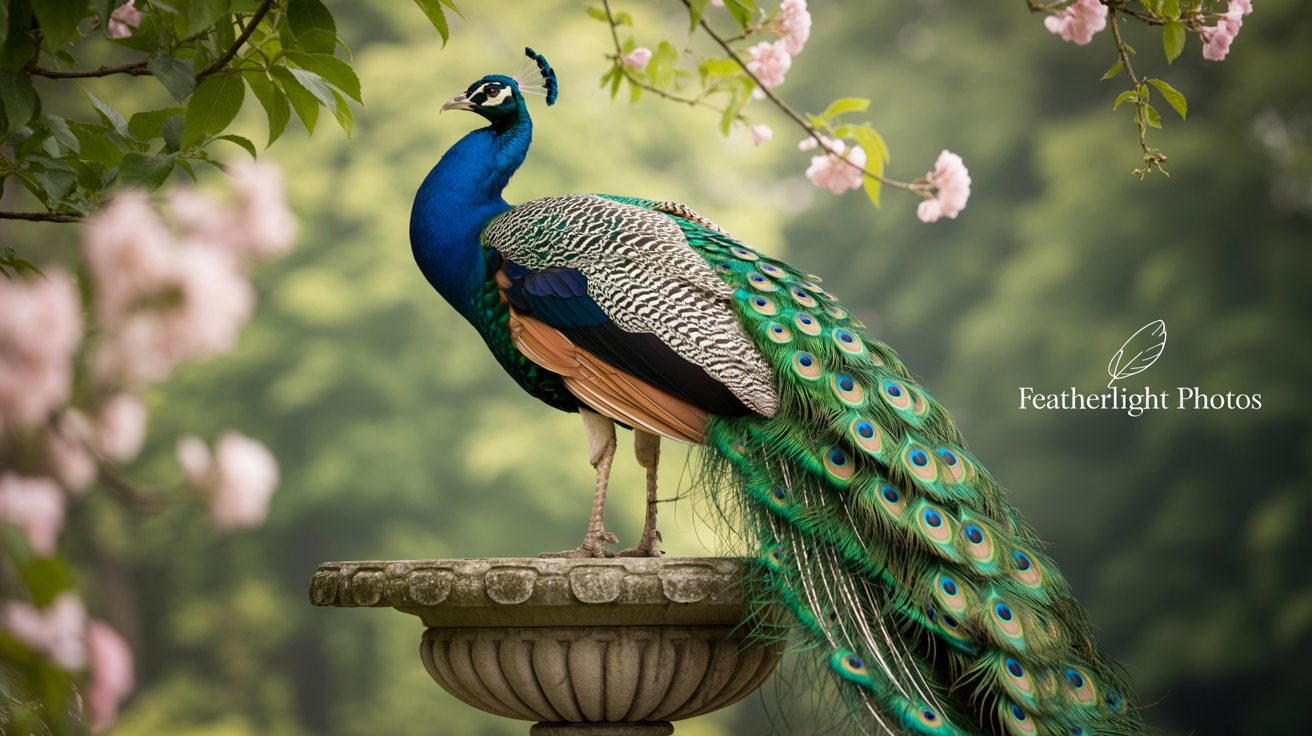A professional photograph of a magnificent peacock with its feathers displayed. A subtle, transparent watermark in the corner reads 'Featherlight Photos'.