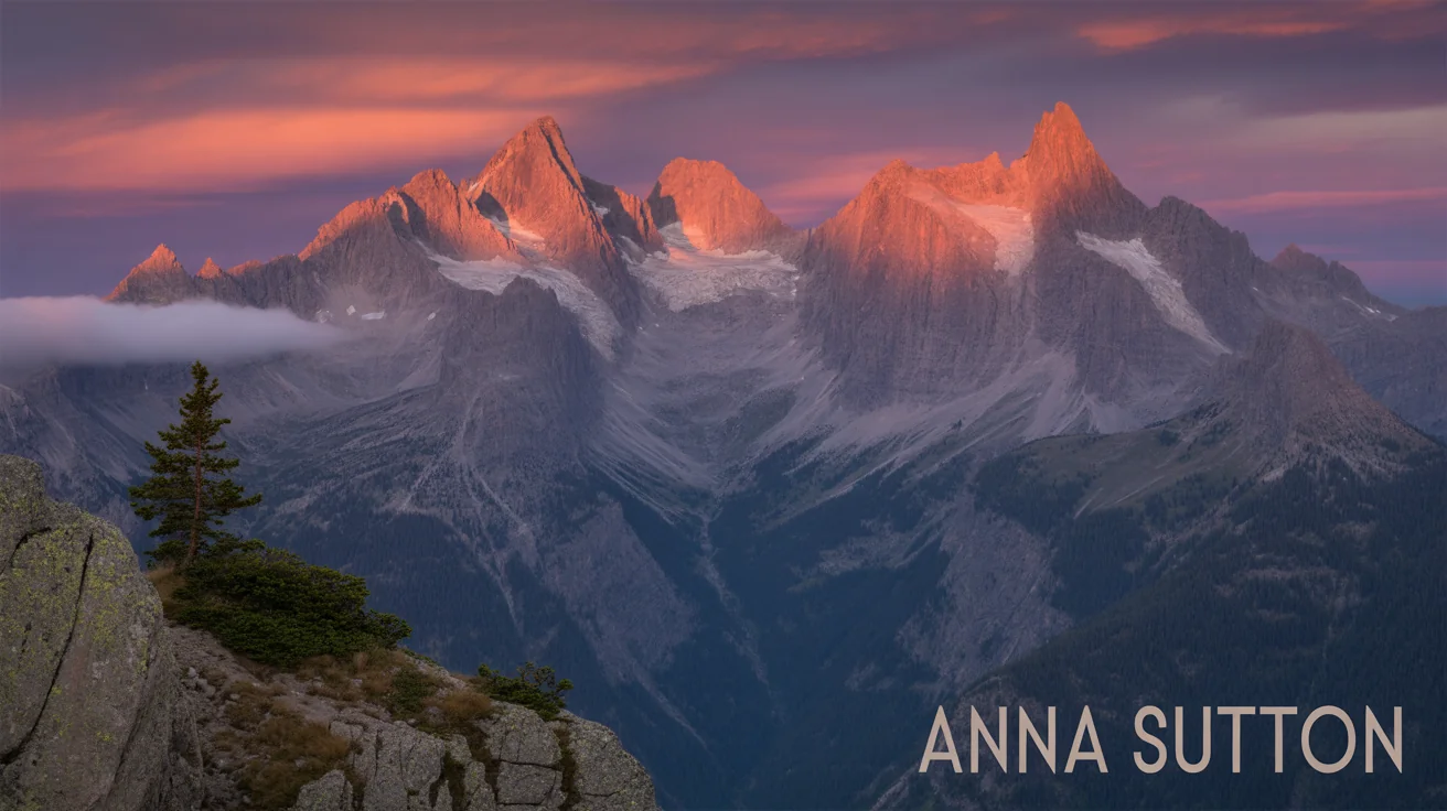 A professional photograph of a mountain range at sunrise, protected by a subtle, transparent watermark in the corner that reads 'ANNA SUTTON'.