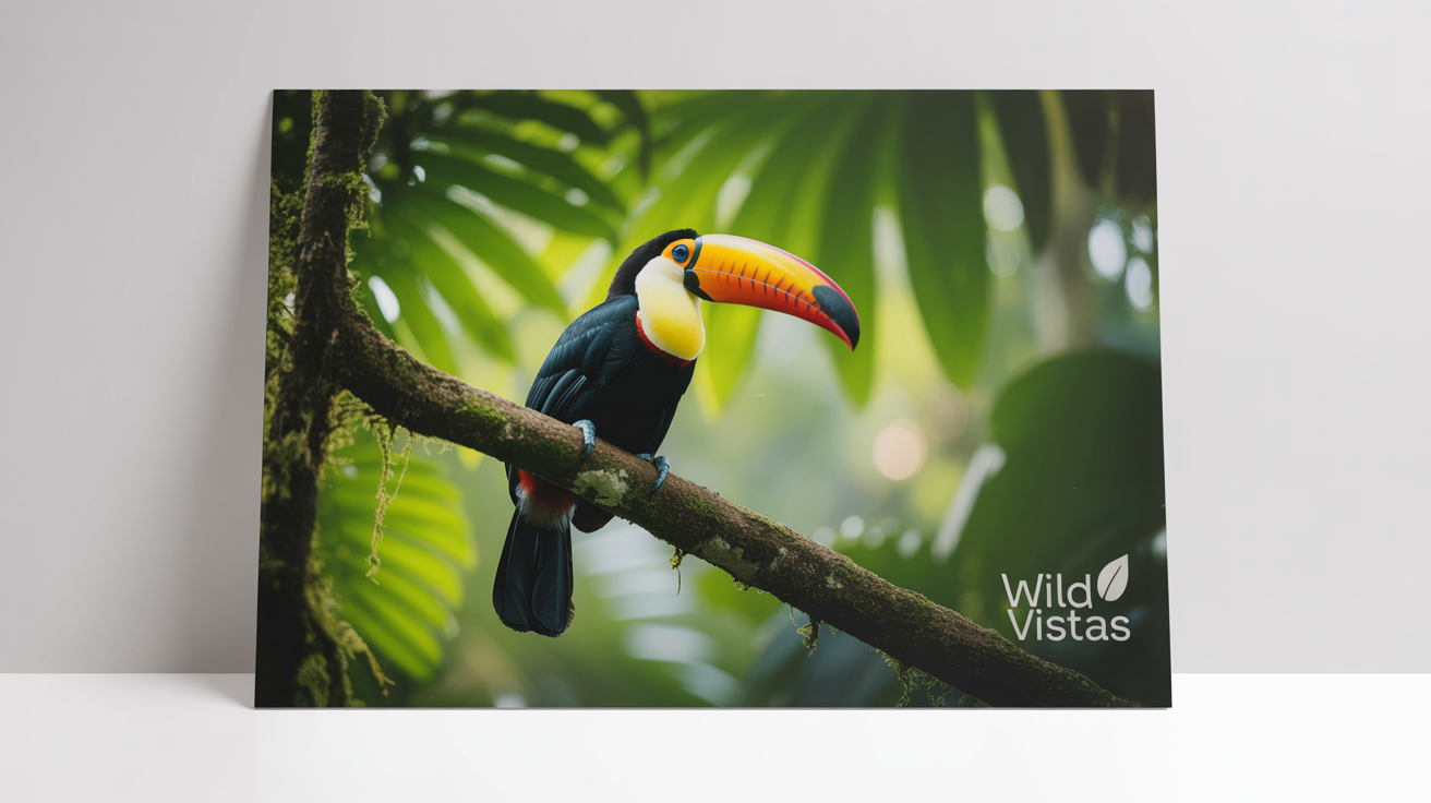 A high-quality photo of a colorful toucan in the rainforest, featuring a subtle, transparent watermark in the corner that reads 'Wild Vistas'. The photo is displayed on a clean white background.