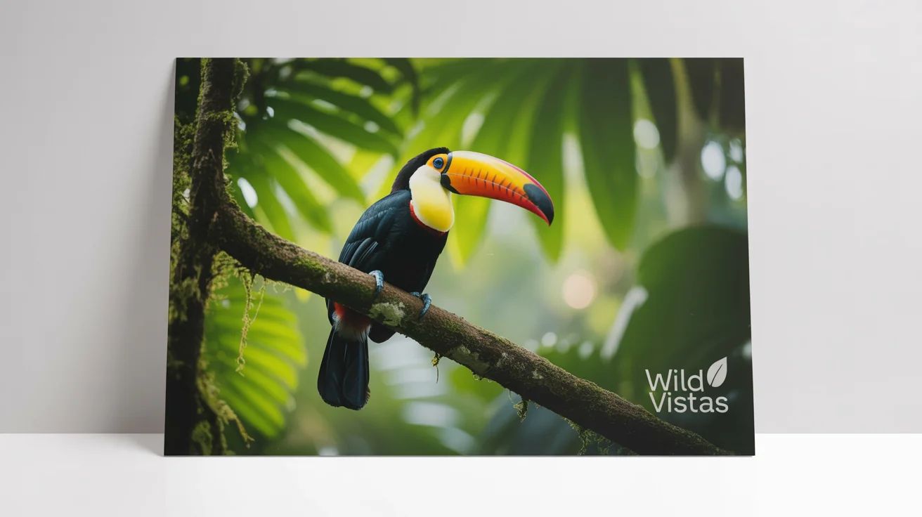 A high-quality photo of a colorful toucan in the rainforest, featuring a subtle, transparent watermark in the corner that reads 'Wild Vistas'. The photo is displayed on a clean white background.