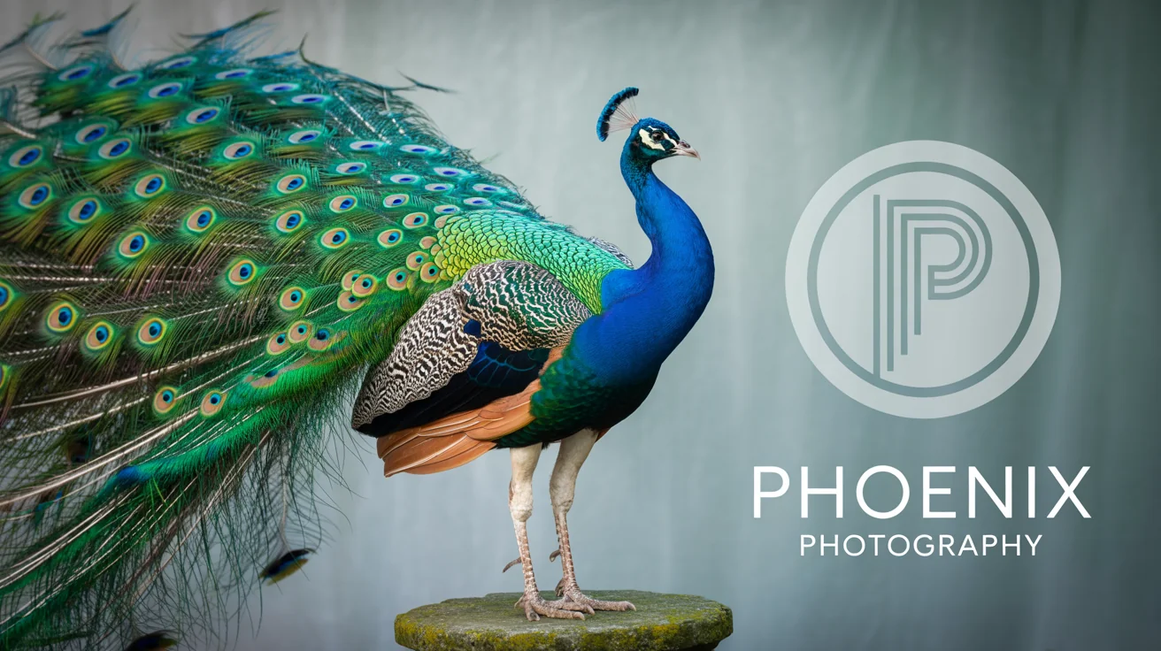 A professional photograph of a peacock's vibrant feathers, showcasing a subtle transparent watermark in the corner with the text 'Phoenix Photography'.