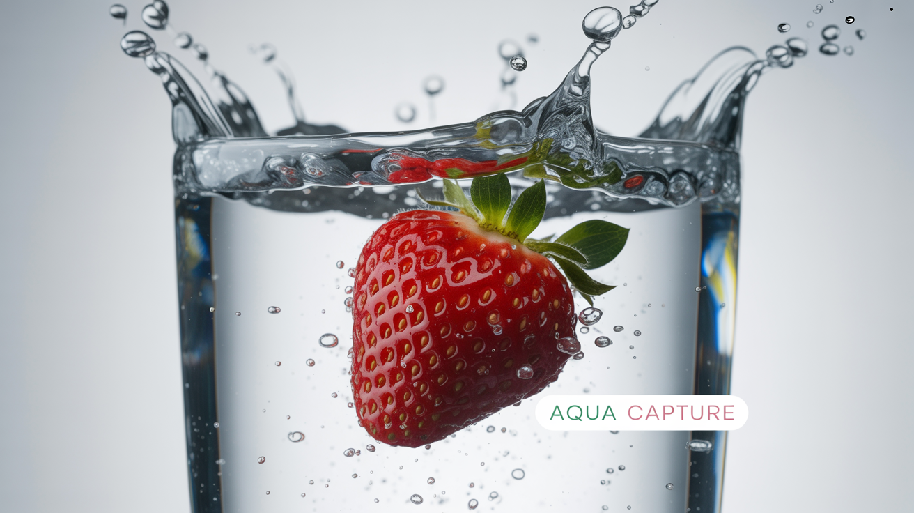 A high-speed photograph of a strawberry splashing into water, with a transparent watermark reading 'AQUA CAPTURE' in the corner. The image is presented as a mockup on a white background.