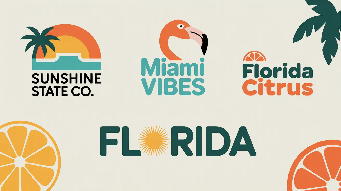 A showcase of four professionally designed Florida-themed logos on a clean white background. The logos feature a palm tree at sunset, an art deco flamingo, a citrus slice, and a wordmark with a sun.