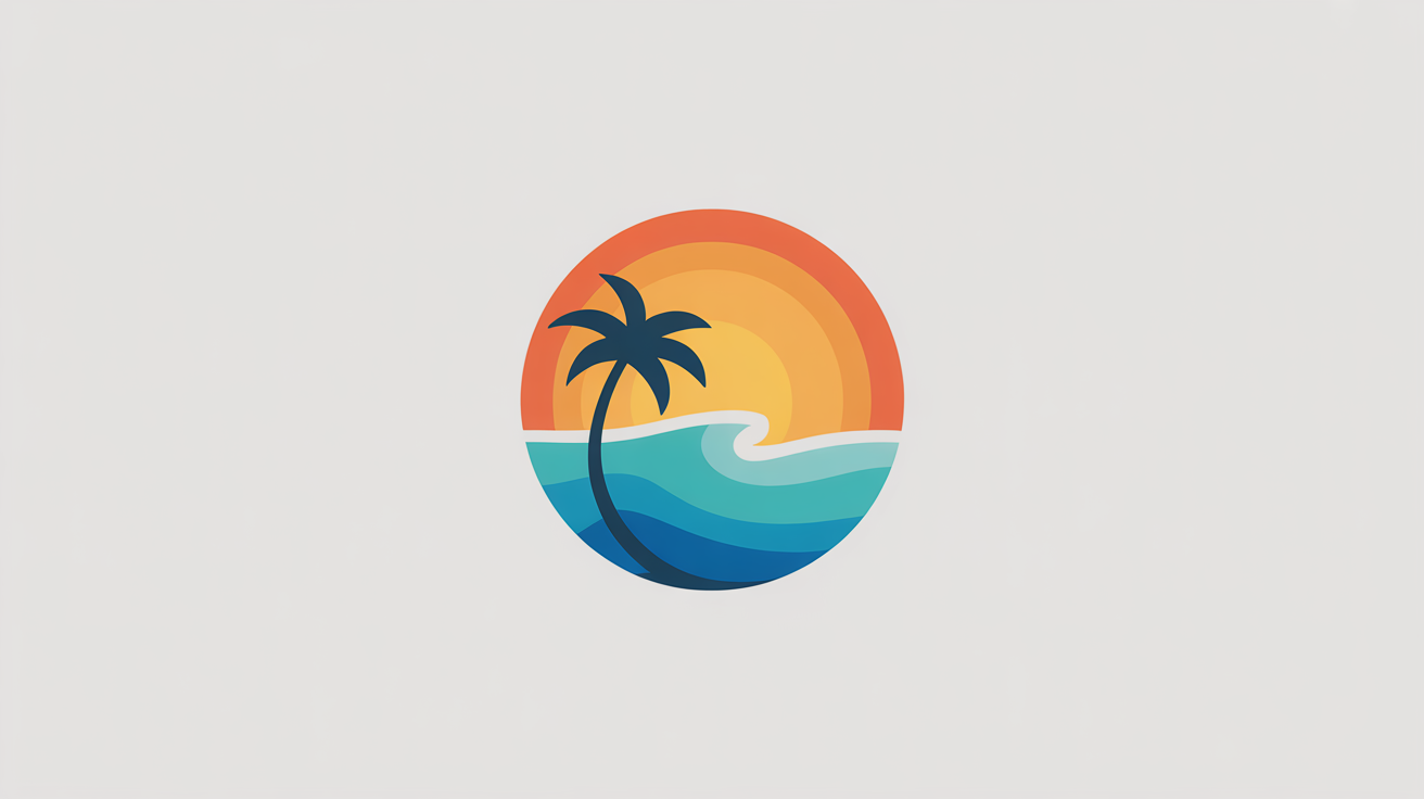 A modern and vibrant circular logo for Florida, featuring a stylized palm tree against a sunset and an ocean wave. The word 'FLORIDA' is written below. The logo is on a plain white background.