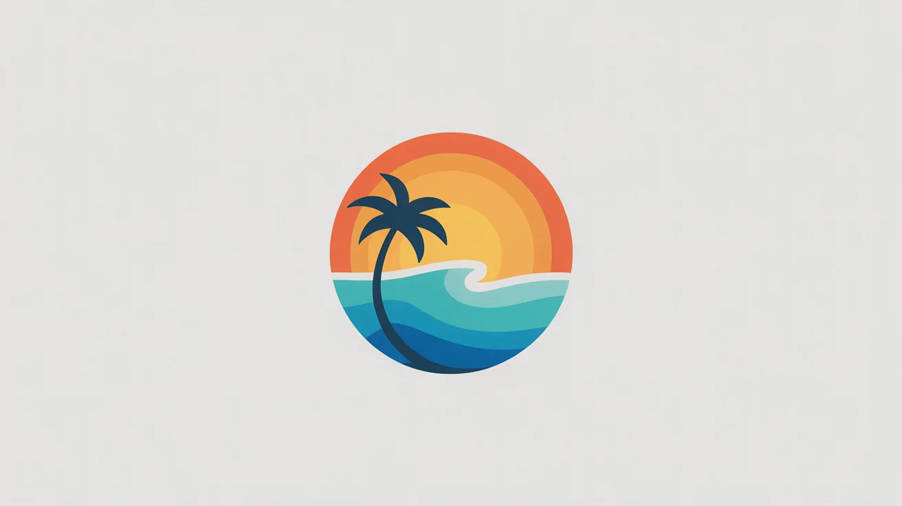 A modern and vibrant circular logo for Florida, featuring a stylized palm tree against a sunset and an ocean wave. The word 'FLORIDA' is written below. The logo is on a plain white background.