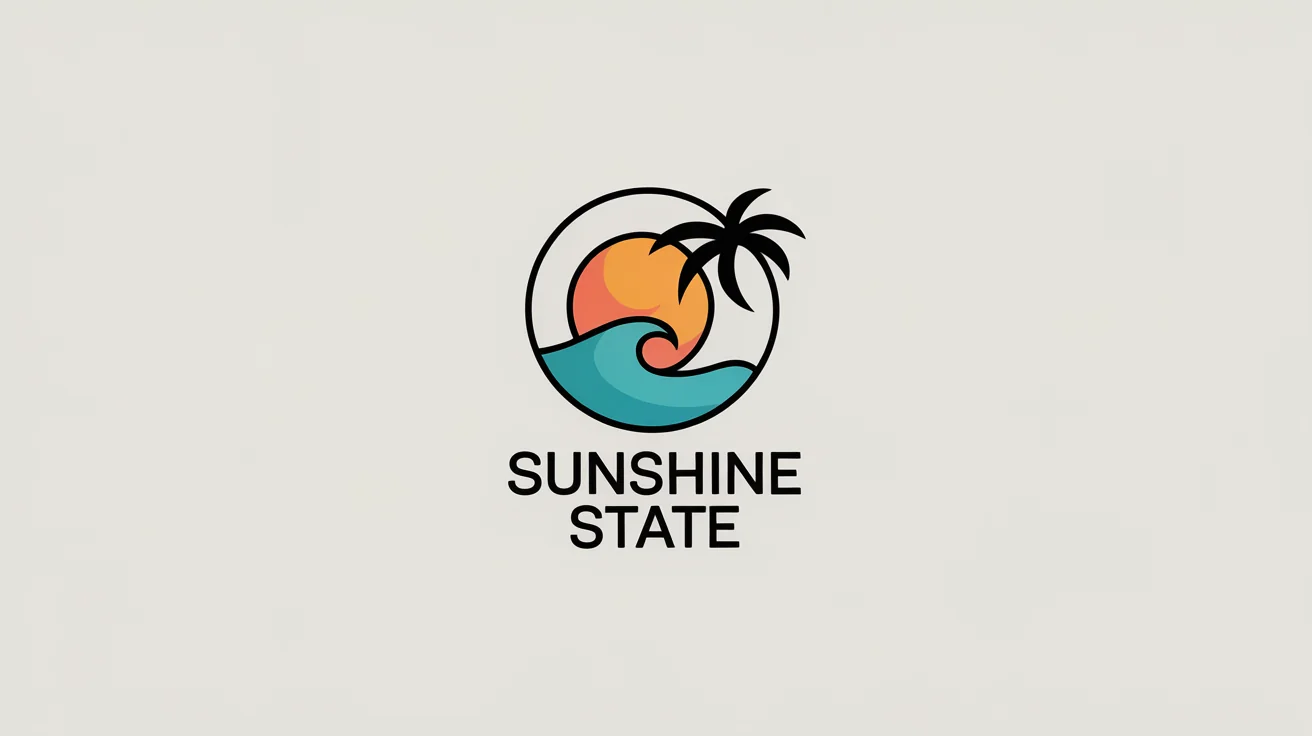 A modern logo inspired by Florida, featuring a circle with a sun, ocean wave, and palm tree. Below the icon, the text 'Sunshine State' is displayed on a clean white background.