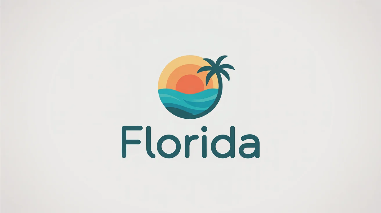 A modern logo for Florida, featuring a stylized sun, palm tree, and ocean wave icon above the word 'Florida' in a clean font, all on a white background.