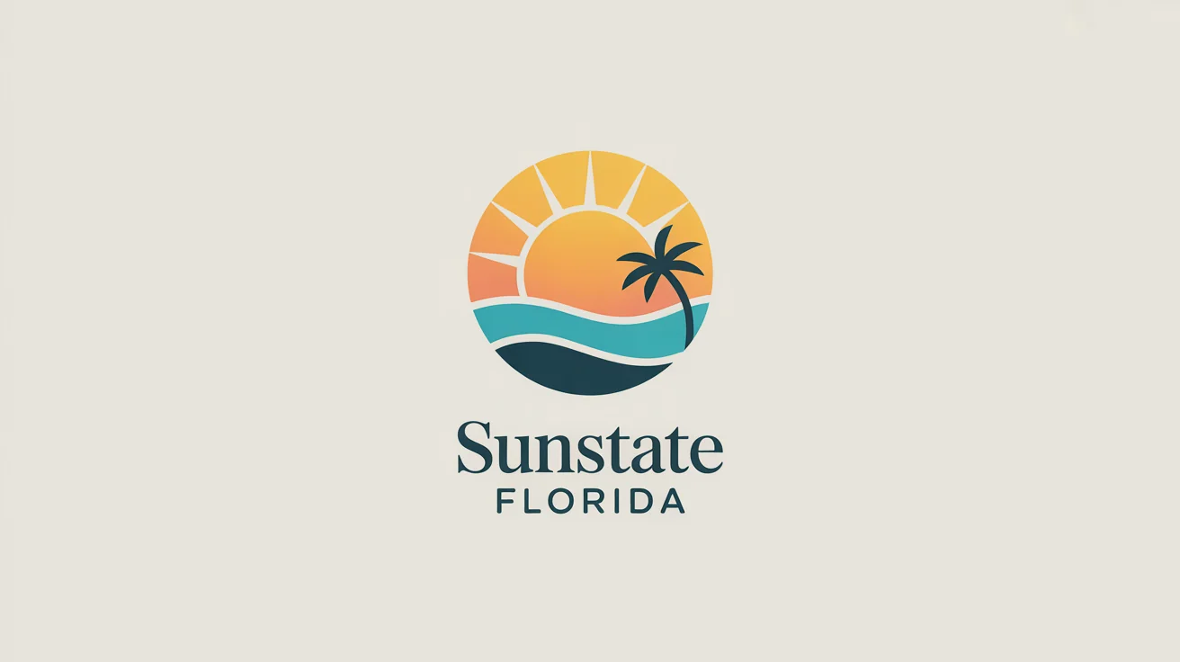 A modern circular logo inspired by Florida, showing a stylized sunset over ocean waves with a palm tree silhouette. The text 'SUNSTATE FLORIDA' is below the logo, all on a white background.
