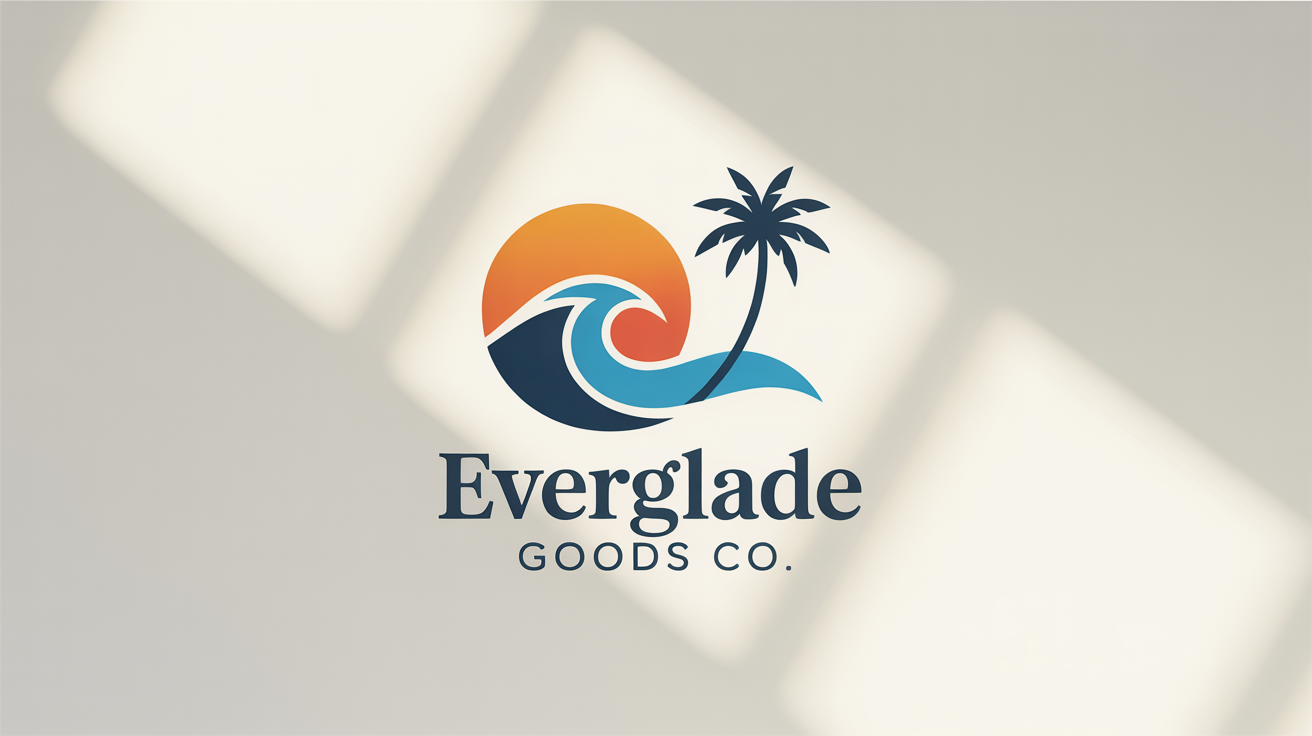 A modern logo for a fictional company named 'Everglade Goods Co.', featuring a sun, wave, and palm tree, symbolizing Florida. The logo is displayed on a crisp white background.