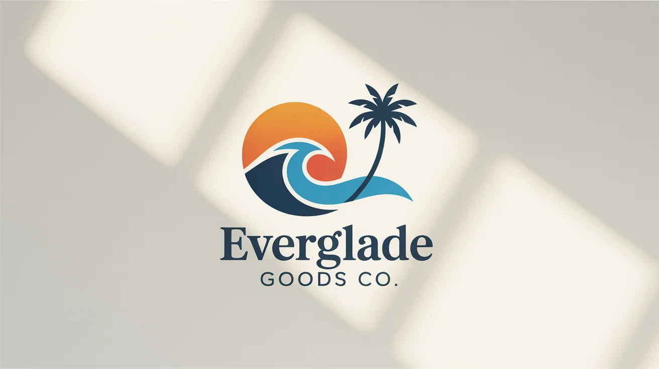 A modern logo for a fictional company named 'Everglade Goods Co.', featuring a sun, wave, and palm tree, symbolizing Florida. The logo is displayed on a crisp white background.