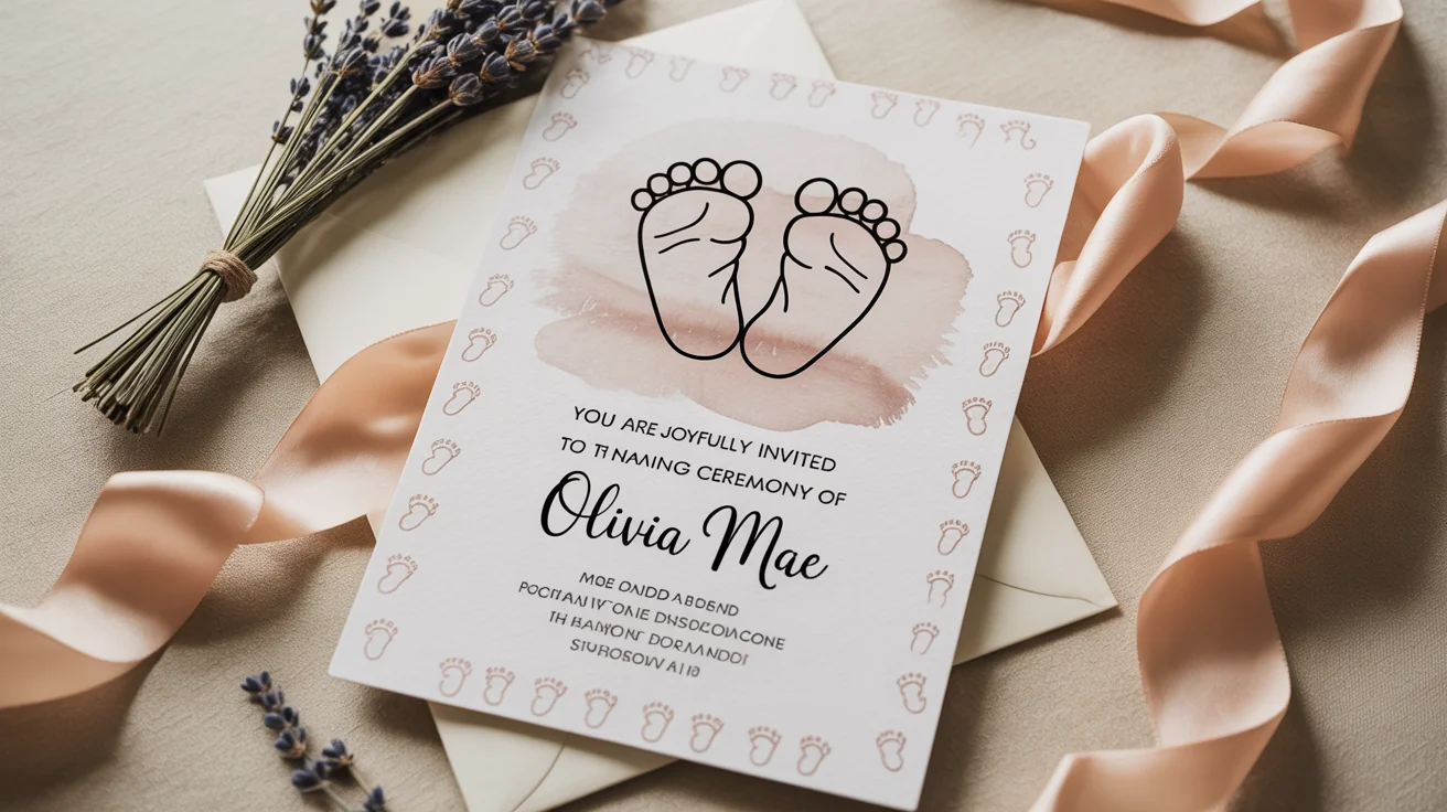 A beautiful, finished naming ceremony invitation card for 'Olivia Mae' displayed on a clean surface with a sprig of baby's breath.