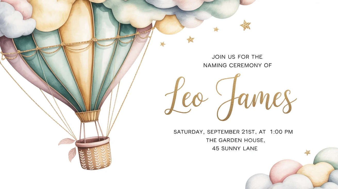 A modern and sweet naming ceremony invitation mockup for a baby named Leo James, featuring a watercolor hot air balloon design against a plain white background.