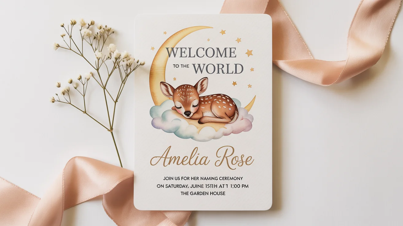 A beautiful naming ceremony invitation for 'Amelia Rose' laid flat on a white surface. The card features a watercolor illustration of a baby animal on a moon and is styled with a silk ribbon and a sprig of baby's breath.