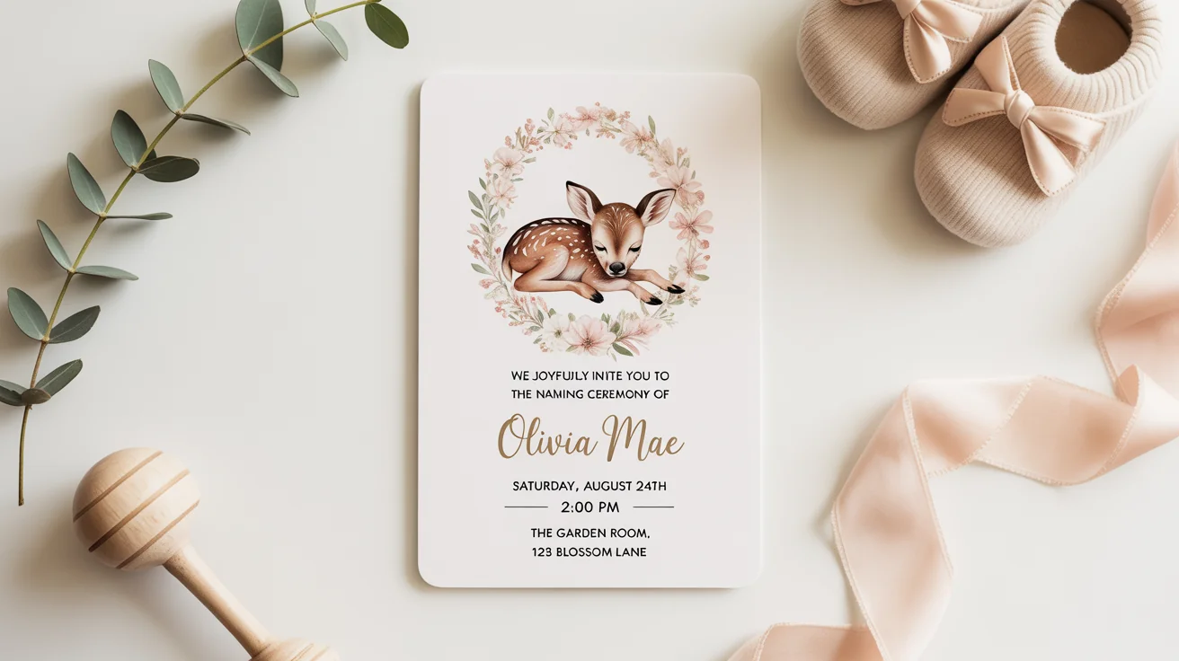 An elegant flat lay of a baby naming ceremony invitation for 'Olivia Mae' on a white background, tastefully arranged with baby booties, a wooden rattle, a silk ribbon, and a eucalyptus sprig.