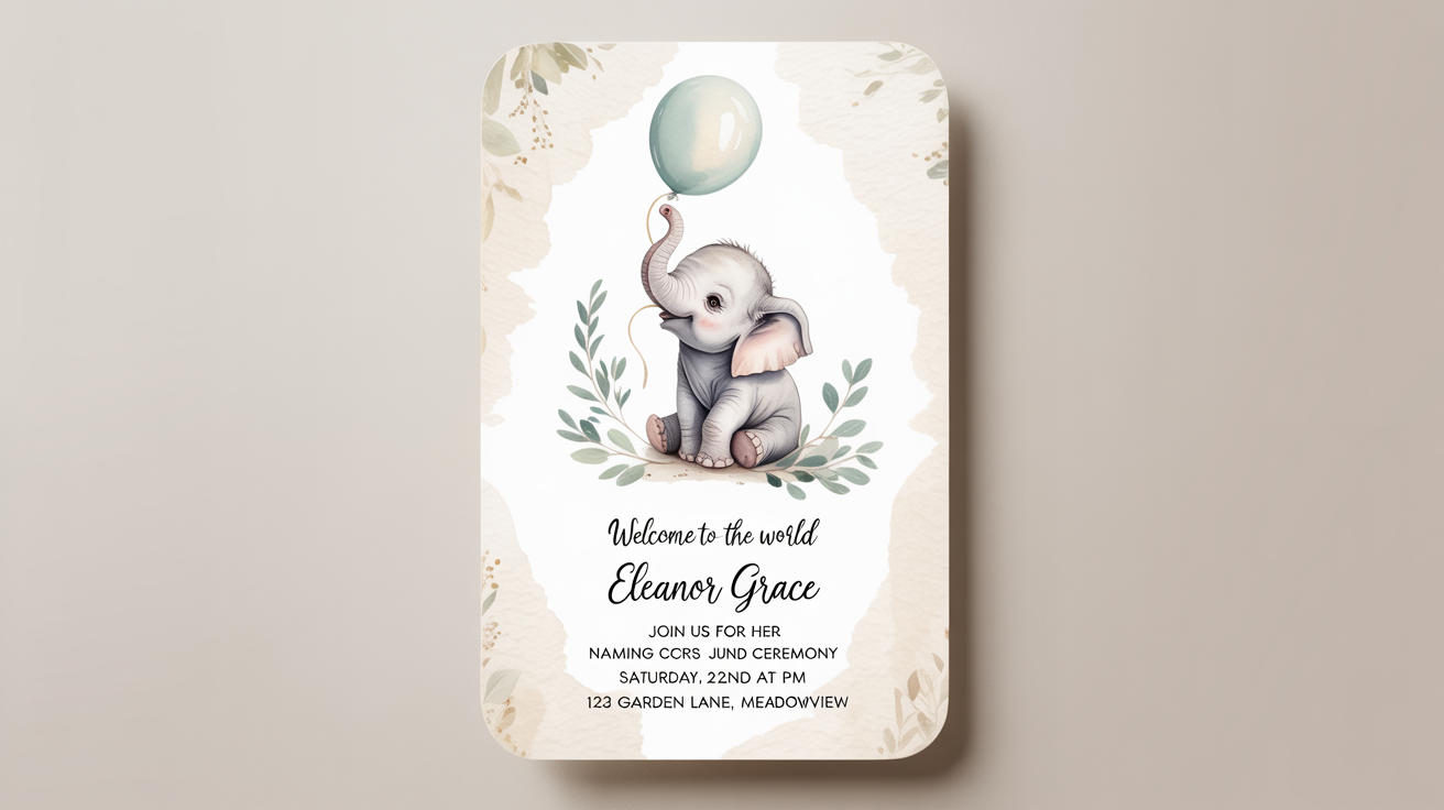 A mockup of an elegant naming ceremony invitation for 'Eleanor Grace', featuring a watercolor baby elephant, displayed on a clean white background.