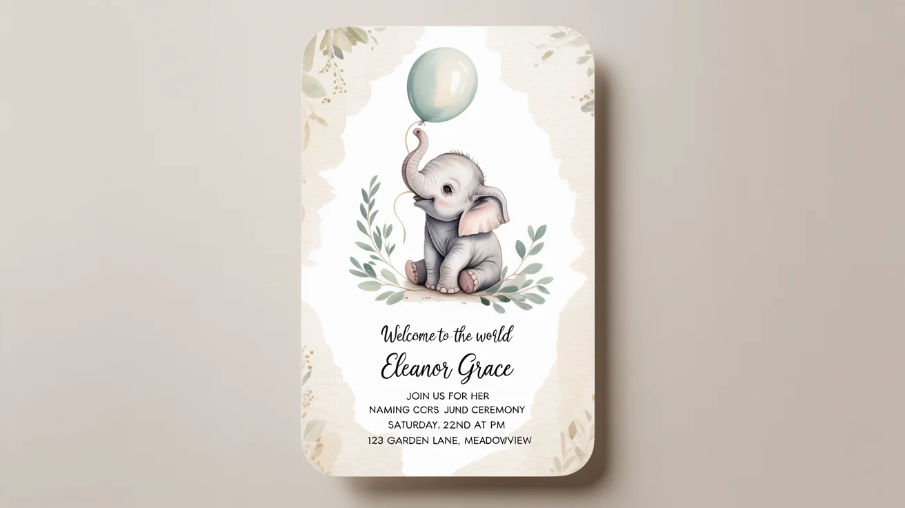 A mockup of an elegant naming ceremony invitation for 'Eleanor Grace', featuring a watercolor baby elephant, displayed on a clean white background.
