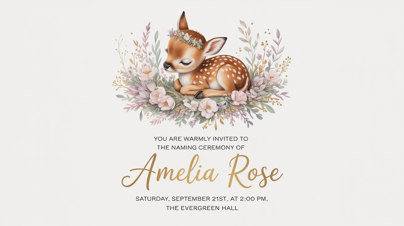 An elegant naming ceremony invitation card for 'Amelia Rose', featuring a watercolor baby fawn and pastel flowers, displayed as a mockup on a white background.