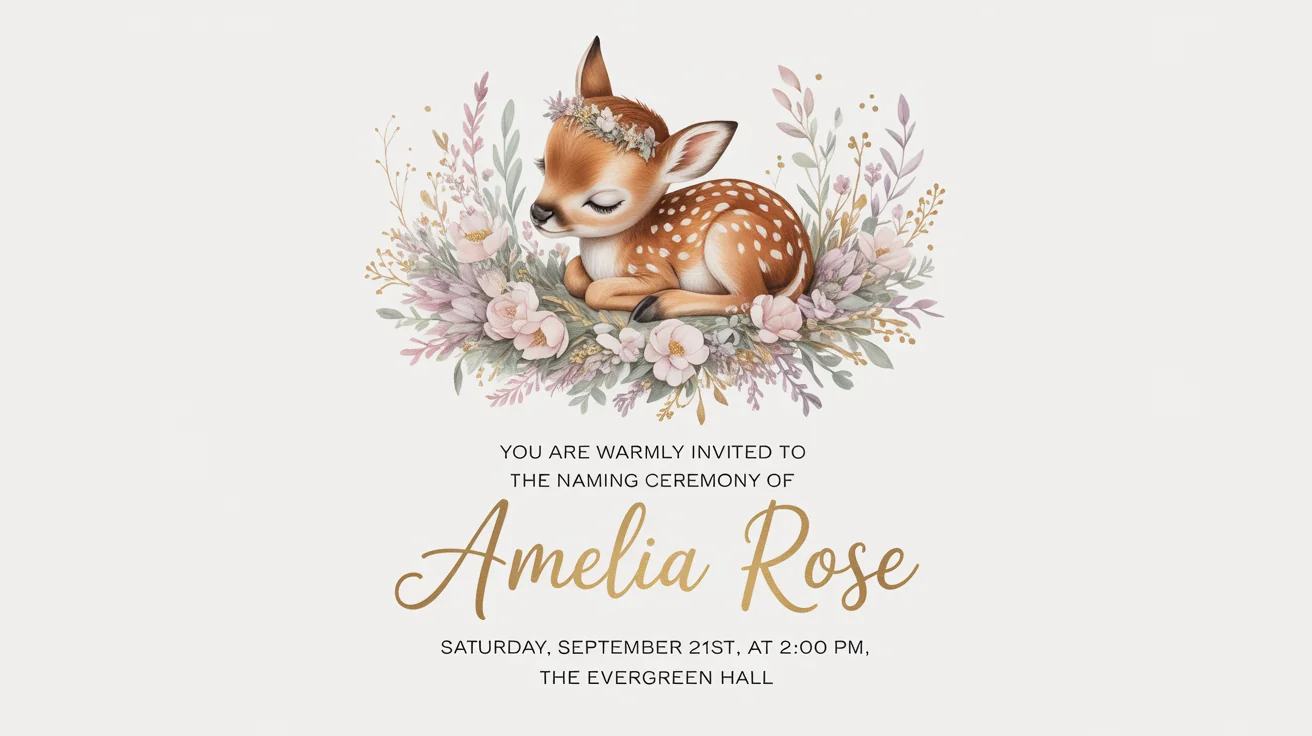 An elegant naming ceremony invitation card for 'Amelia Rose', featuring a watercolor baby fawn and pastel flowers, displayed as a mockup on a white background.