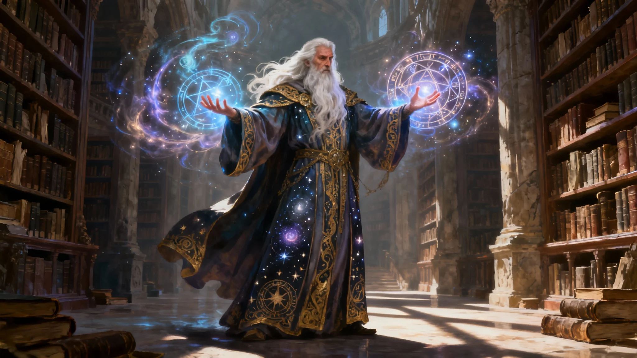 A detailed concept art piece of a powerful, elderly wizard casting a glowing spell inside a grand, ancient library, in a wide 16:9 cinematic format.