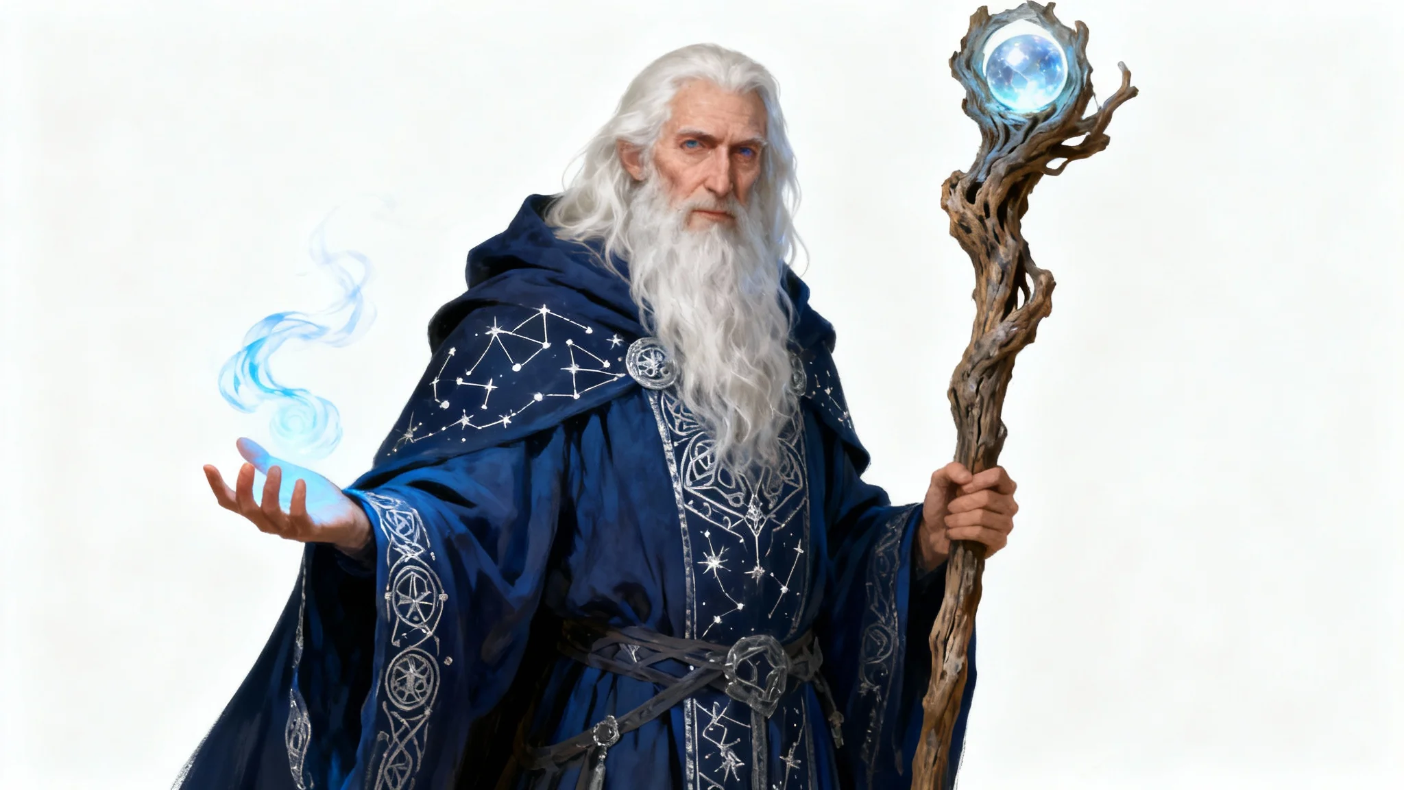 A full-body concept art illustration of a wise old wizard with a long white beard, wearing ornate blue robes and holding a magical staff with a glowing orb, all against a plain white background.