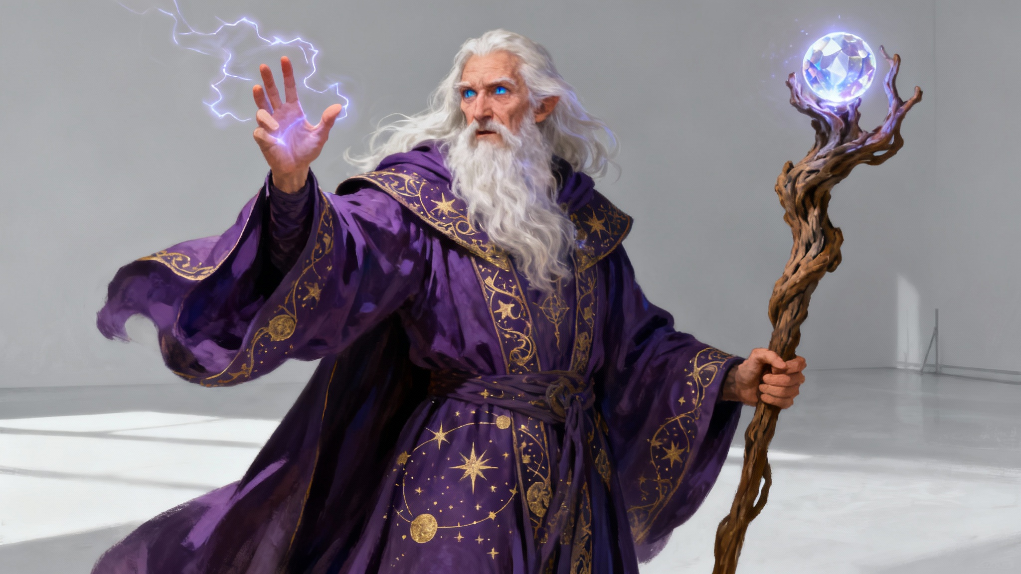 A full-body concept art illustration of an old, wise wizard with a long white beard, wearing elaborate purple and gold robes and holding a glowing staff, set against a plain light gray background.