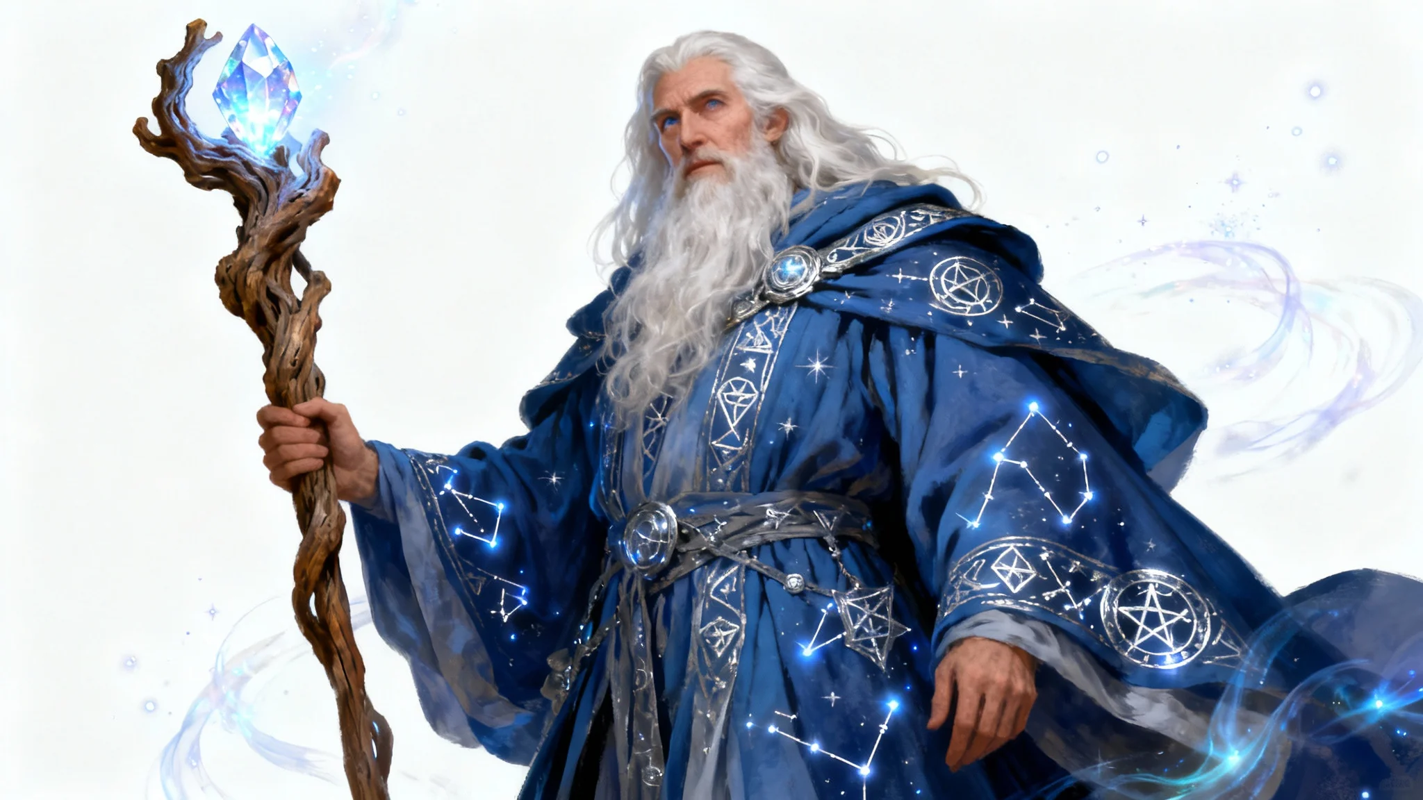 A detailed concept art illustration of a powerful, wise old wizard with a long white beard, wearing intricate blue robes and holding a glowing staff, set against a solid white background.