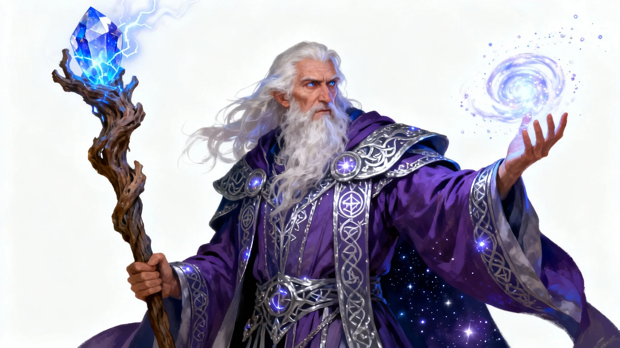 A detailed concept art illustration of a powerful wizard with a long white beard, wearing intricate blue and purple robes and casting a spell with a glowing staff, set against a plain white background.