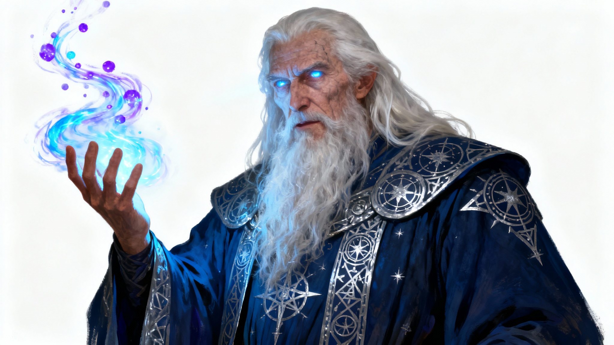 A detailed concept art image of a wise old wizard with a long white beard, wearing ornate blue robes and casting a glowing magical spell from his hand, set against a clean white background.