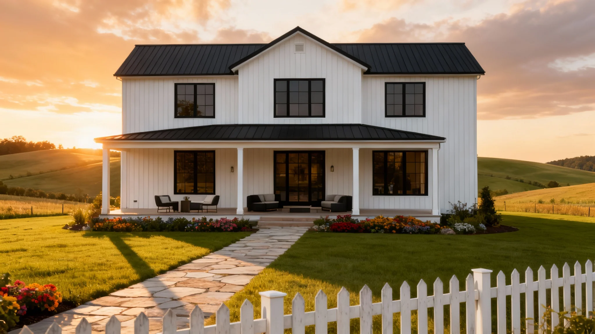 A stunning modern farmhouse at golden hour, the result of an exterior design tool. The house has white vertical siding, a black metal roof, and a beautifully landscaped yard with rolling hills in the background.