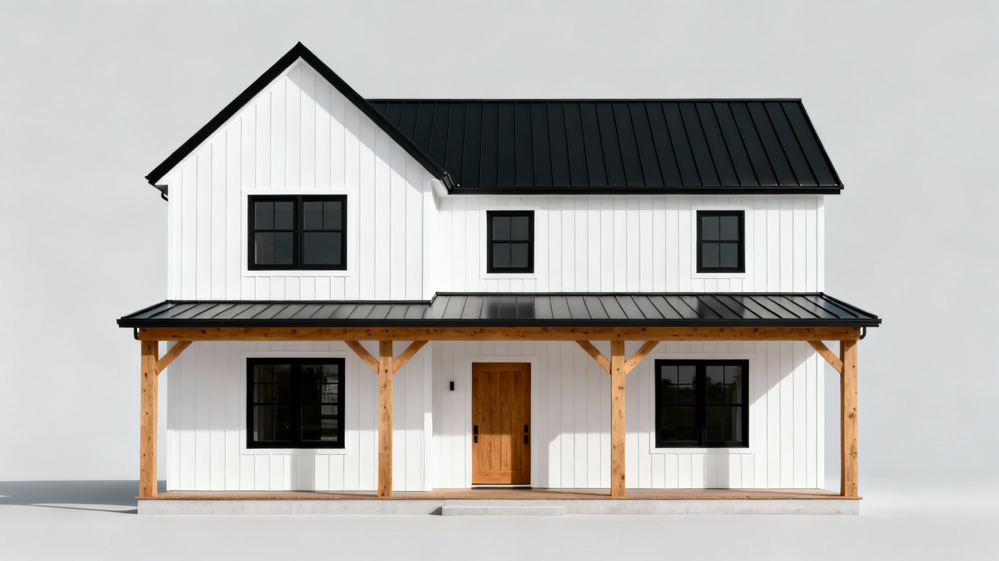 Exterior view of a modern two-story farmhouse with white siding, a black roof, and a wooden front porch, presented against a clean, light gray background.