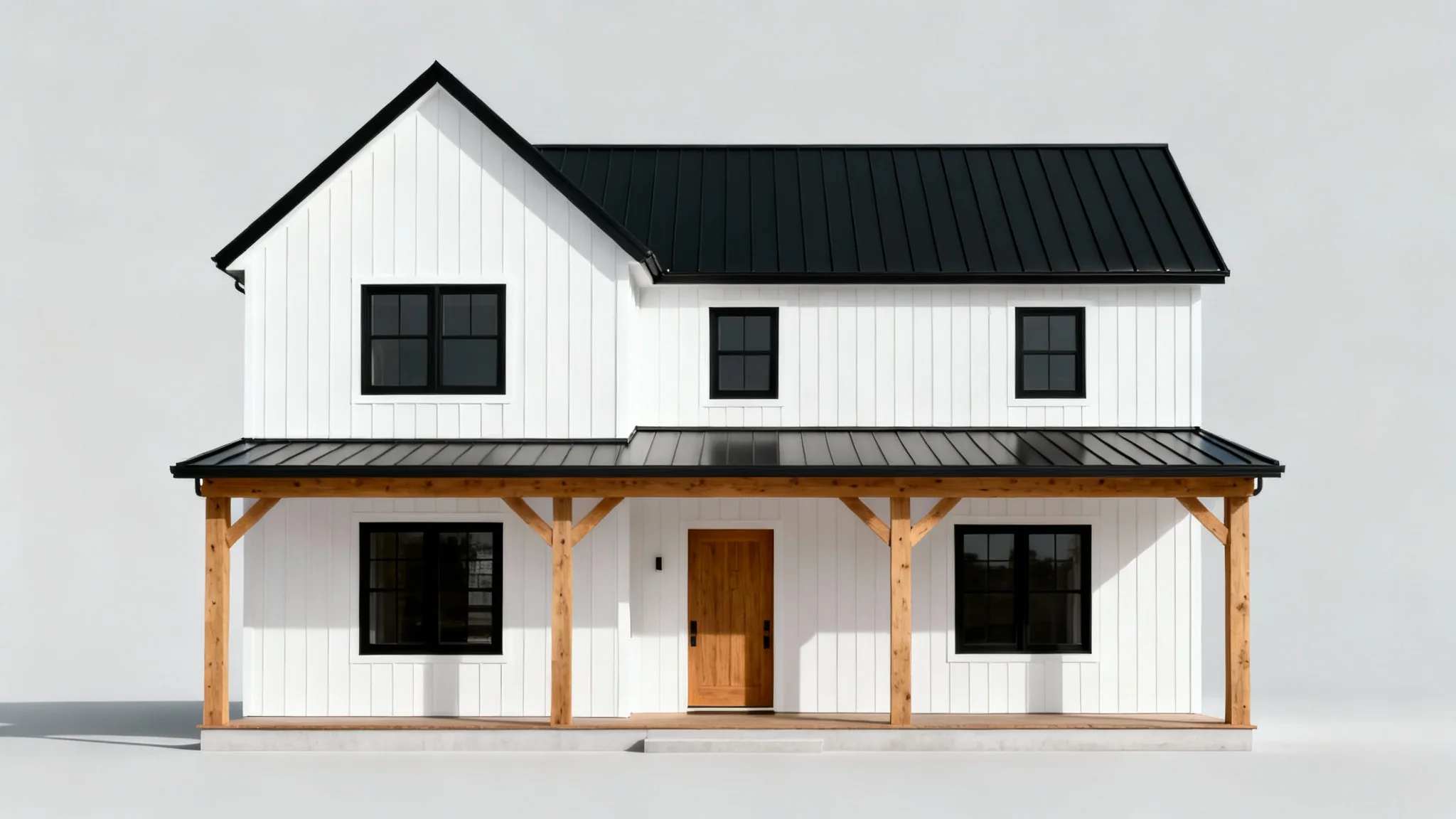 Exterior view of a modern two-story farmhouse with white siding, a black roof, and a wooden front porch, presented against a clean, light gray background.