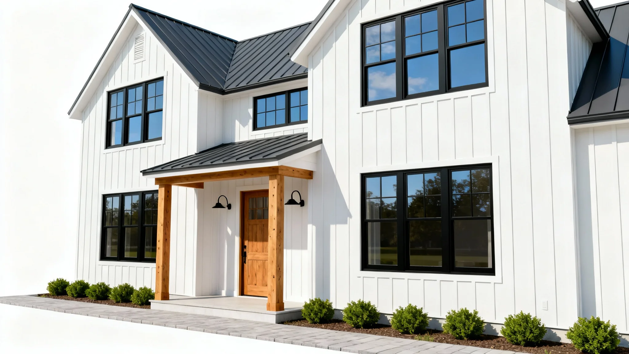 An architectural rendering of a modern farmhouse exterior with white siding, a dark roof, and a wooden porch, set against a plain white background.