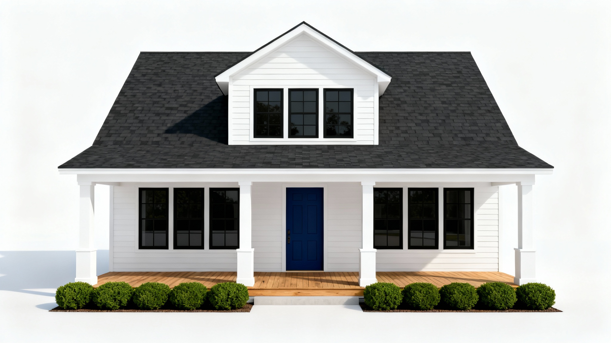 A modern farmhouse exterior design, featuring a two-story home with white siding, a dark roof, black-framed windows, and a blue front door, isolated on a white background.