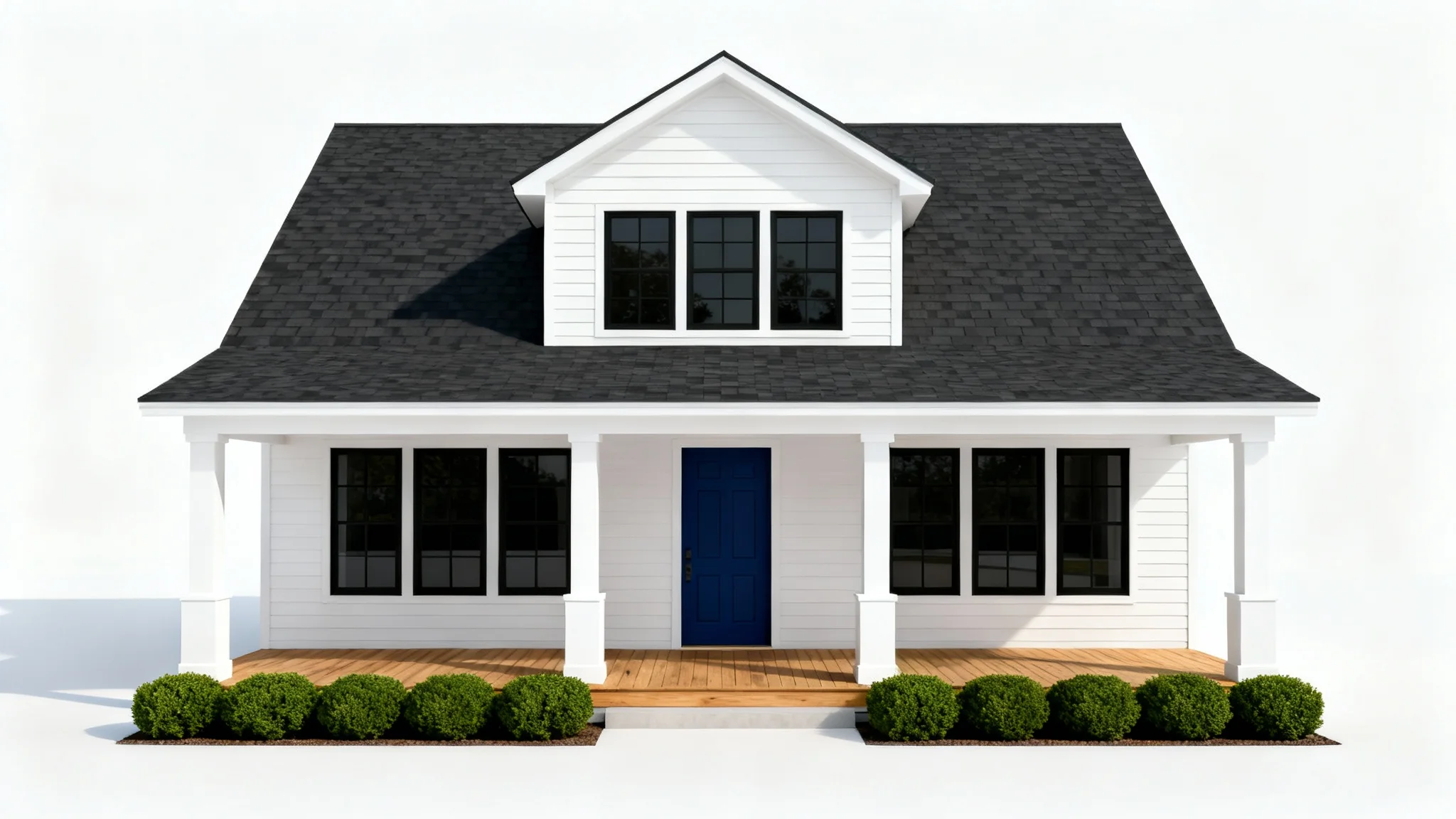 A modern farmhouse exterior design, featuring a two-story home with white siding, a dark roof, black-framed windows, and a blue front door, isolated on a white background.