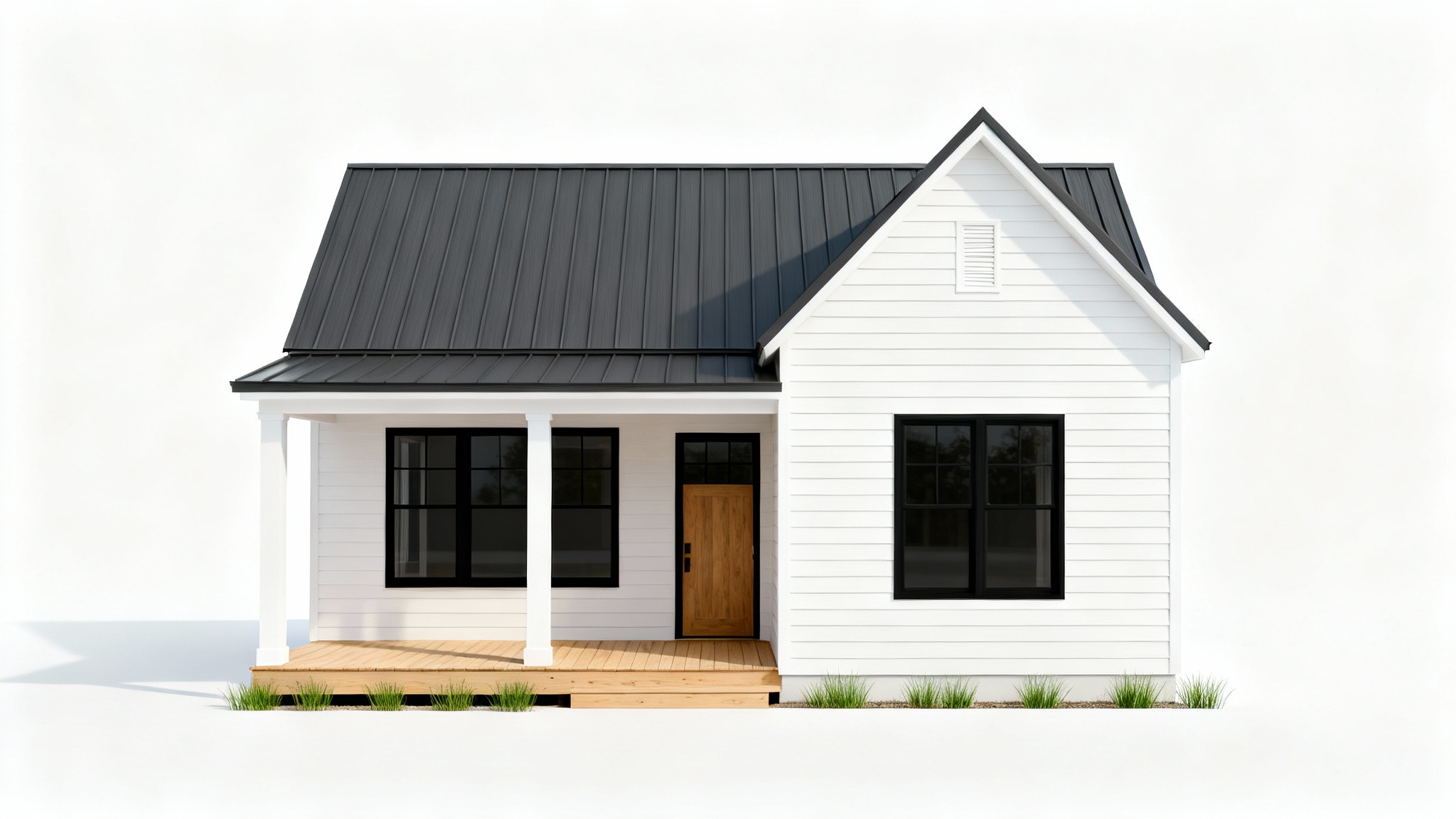 A digital rendering of a modern farmhouse exterior with white siding and a dark roof, shown against a plain white background for a clean, architectural mockup effect.