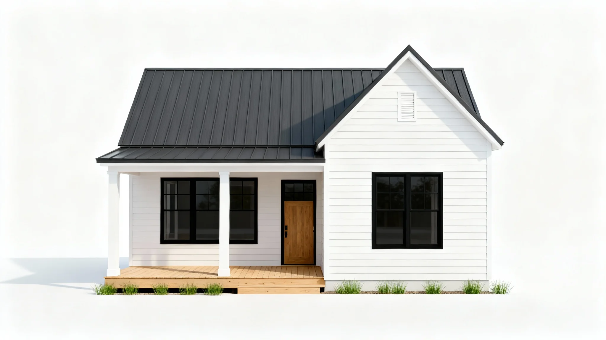 A digital rendering of a modern farmhouse exterior with white siding and a dark roof, shown against a plain white background for a clean, architectural mockup effect.