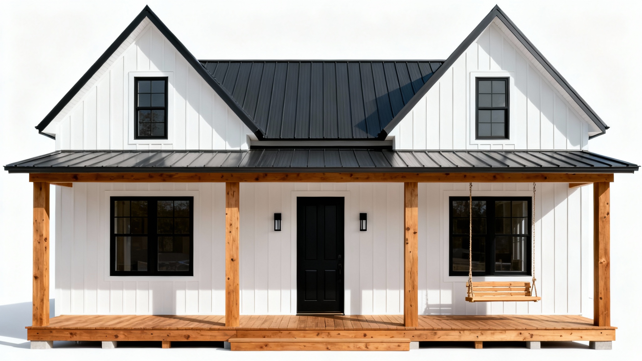 A photorealistic mockup of a modern farmhouse exterior, featuring white siding, a dark metal roof, and natural wood porch details, isolated on a solid white background.