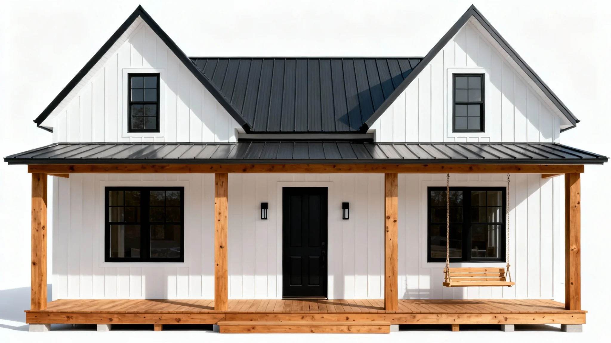A photorealistic mockup of a modern farmhouse exterior, featuring white siding, a dark metal roof, and natural wood porch details, isolated on a solid white background.