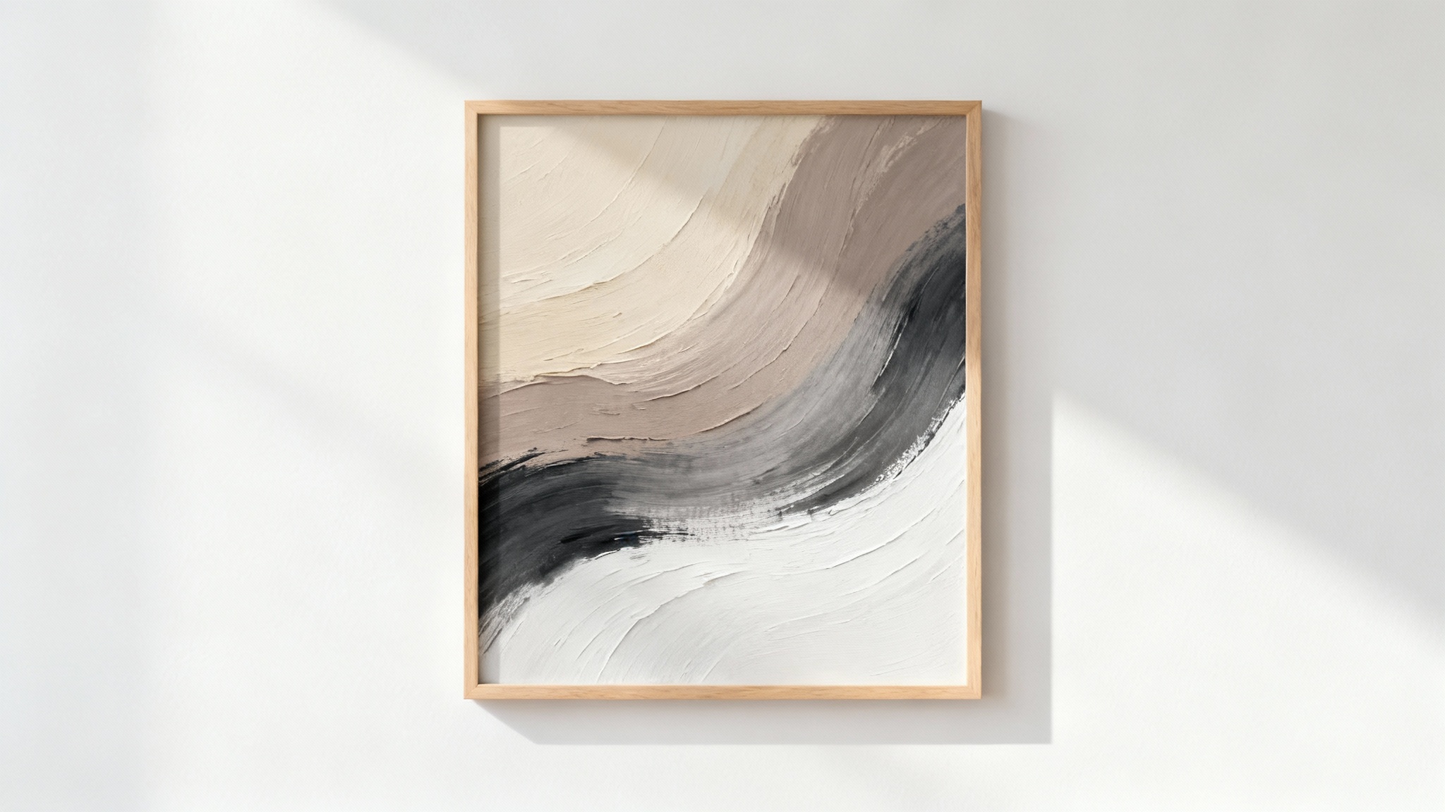 A modern minimalist interior showing a large framed abstract painting on a white wall. The artwork uses a neutral color palette of beige, gray, and white.