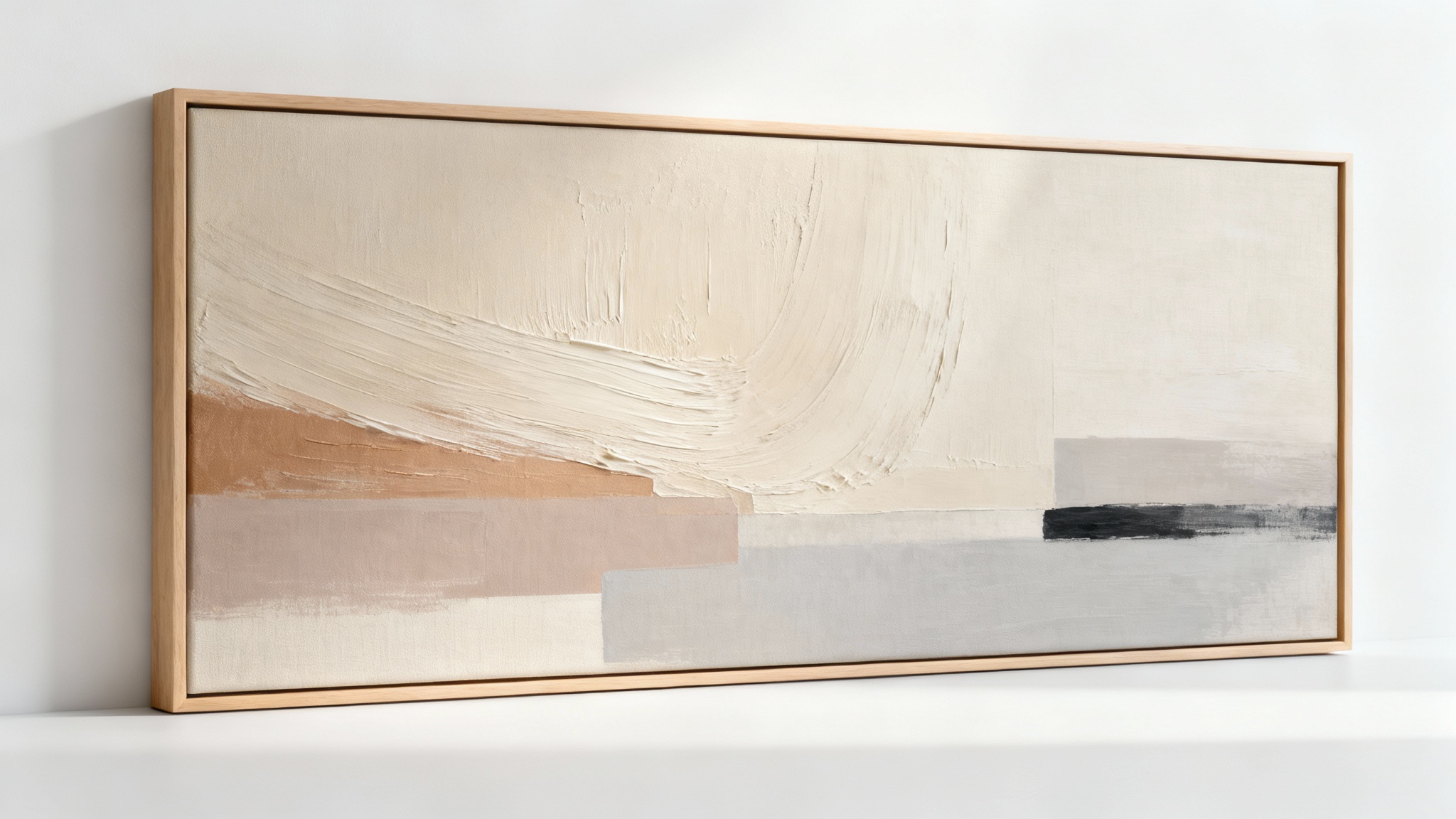 A mockup of a framed abstract painting with a neutral color palette of beige, gray, and taupe, hanging on a clean white wall.