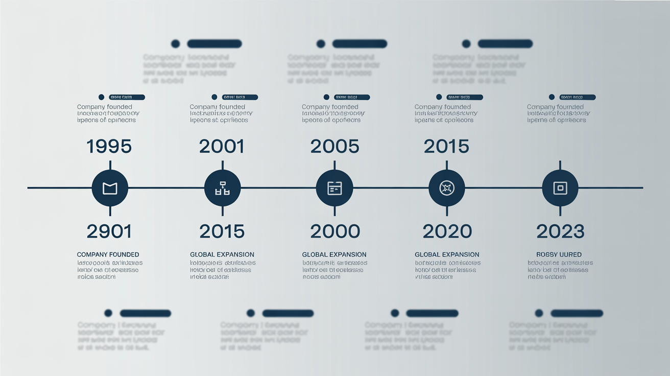 A modern, horizontally arranged company history timeline graphic showing key milestones from 1995 to 2023 with icons and text descriptions on a light gray background.