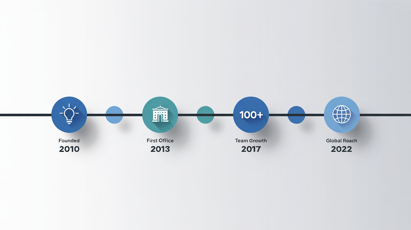 A minimalist graphic of a company history timeline showing milestones from 2010 to 2022, with icons for founding, first office, team growth, and global reach.