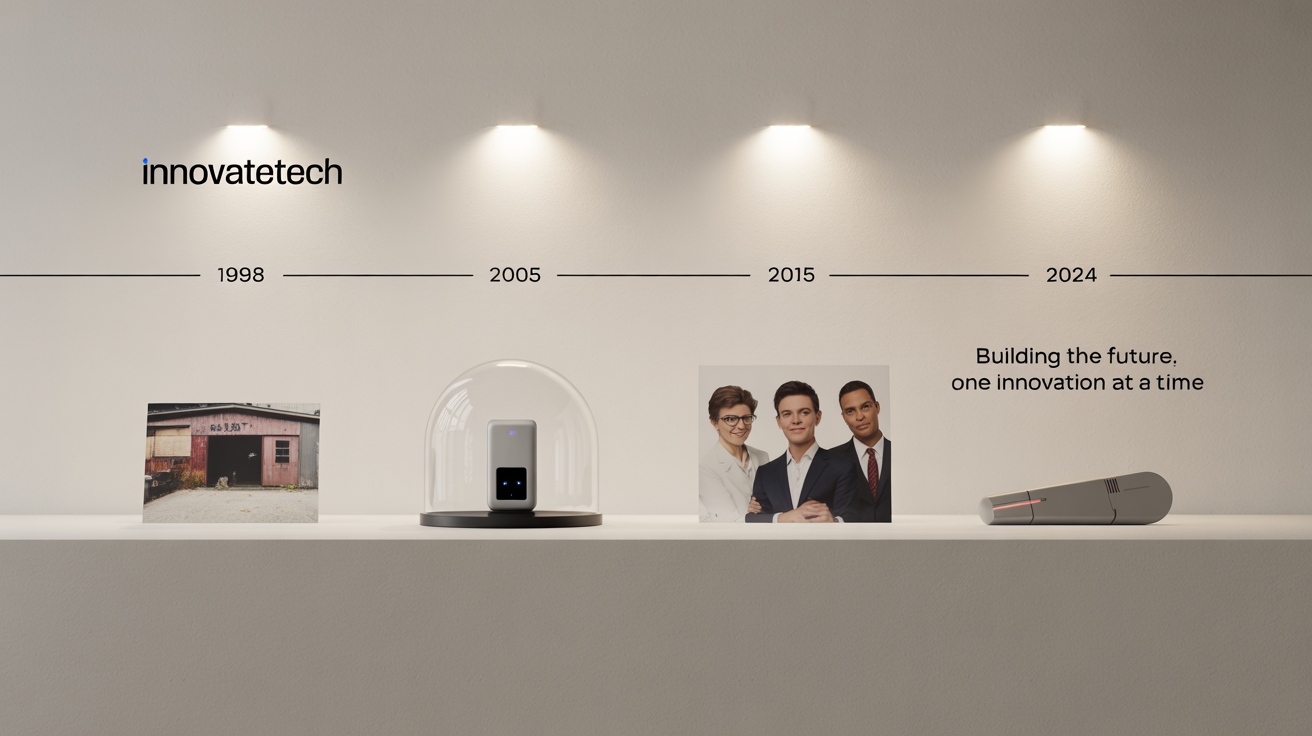 A modern, minimalist museum-style exhibit wall showcasing a company's history timeline with dates and representative artifacts from 1998 to 2024.